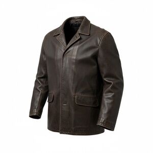 Vintage Kenneth Cole Black Distress Men's Mid-length Button-up Leather Jacket,